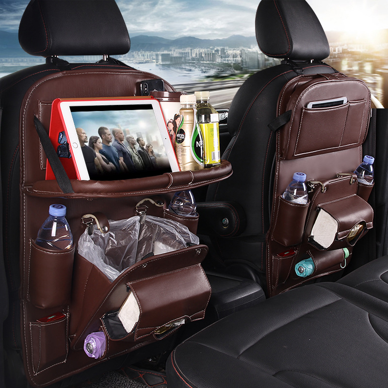 Coffee-Brown Seat-Back Organizer with Fold-Down Tray