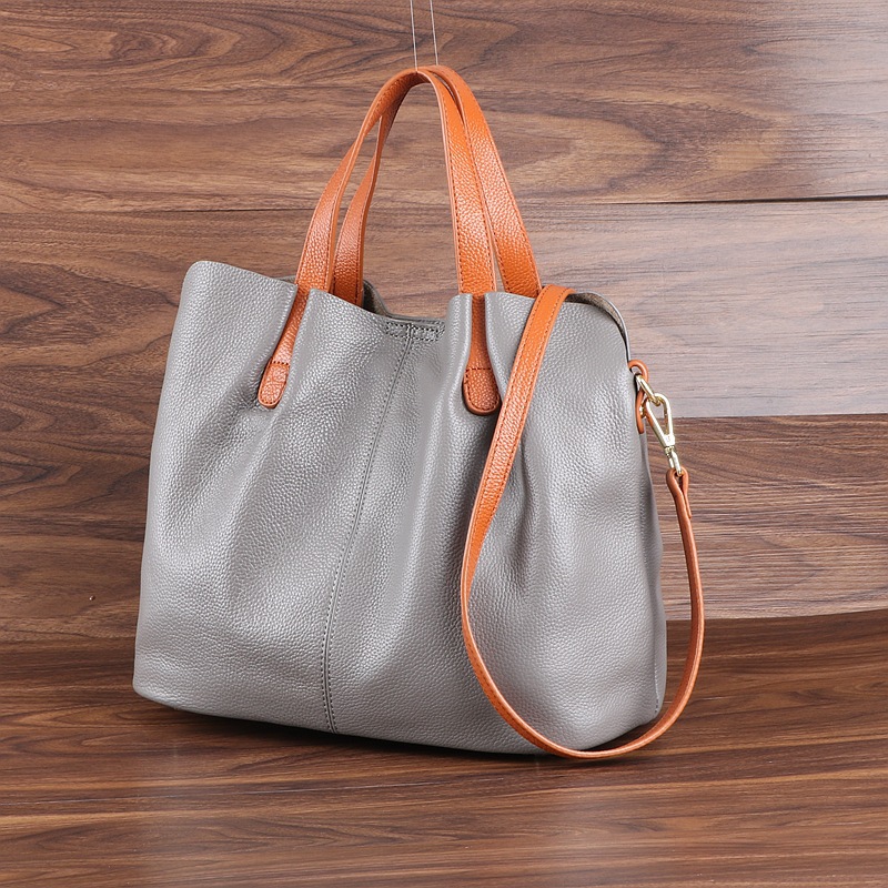 Grey Cowhide Shoulder Bag with Contrast Handles