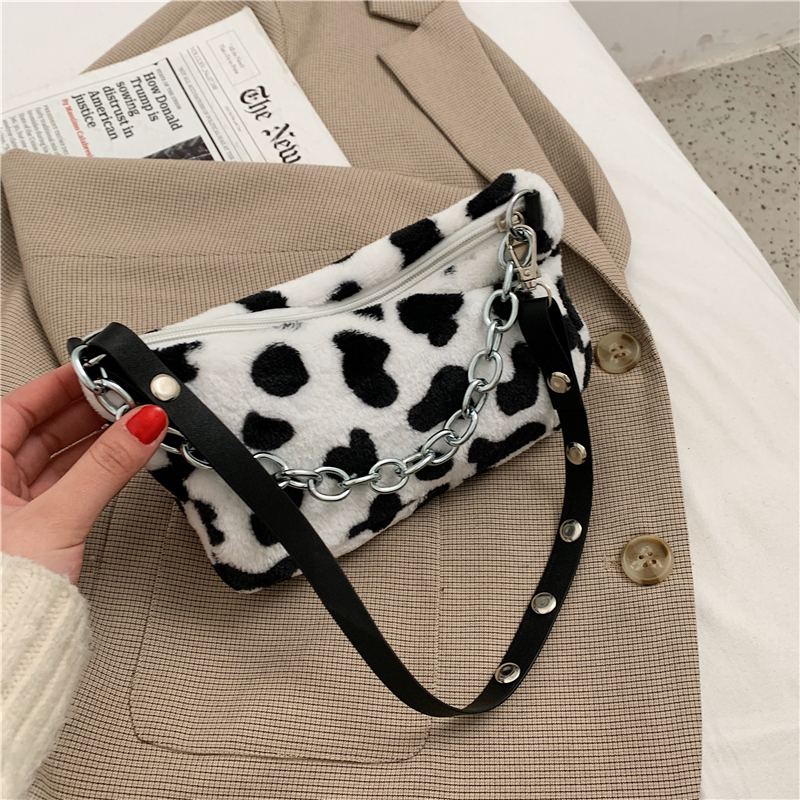 Cow-Pattern Velvet-Texture Shoulder Bag