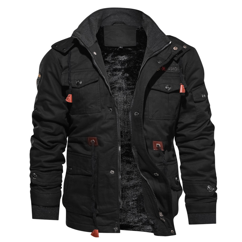 Men’s Black Hooded Multi-Pocket Polyester Jacket