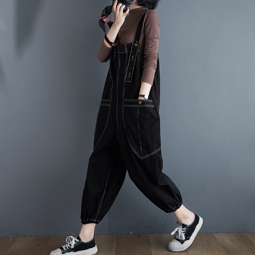 Women’s Black Contrast-Stitch Cotton Overalls