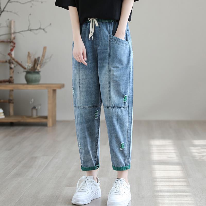 Women’s Cotton Drawstring Cropped Jeans with Green Trim