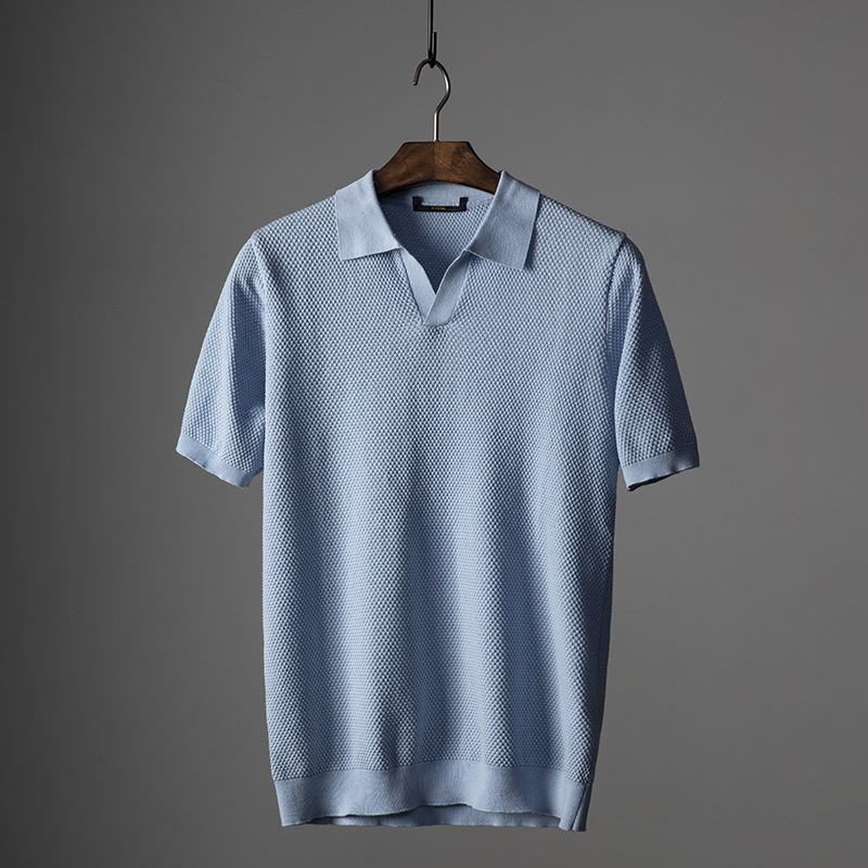Men’s Blue Cotton V-Neck Knit Polo Shirt