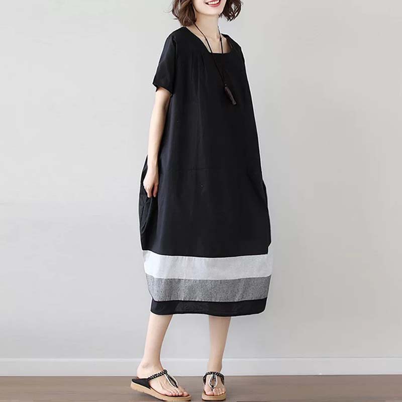 Women's Square-Neck Dress with Contrast Hem Panel