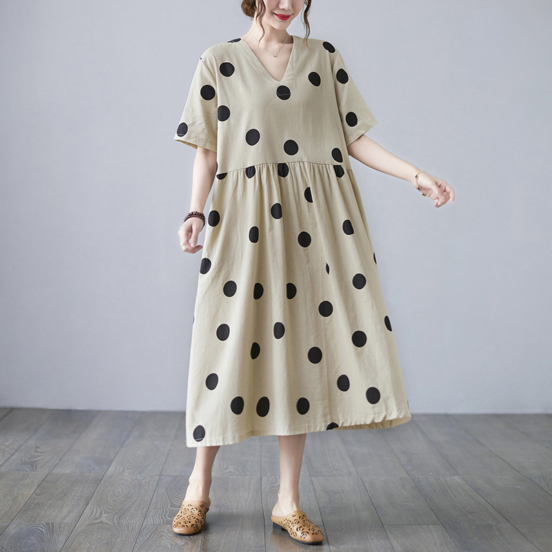Women's Apricot Polka-Dot V-Neck Dress