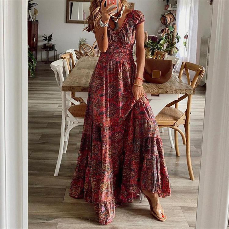 Women's Wine Red V-Neck Tiered Long Dress