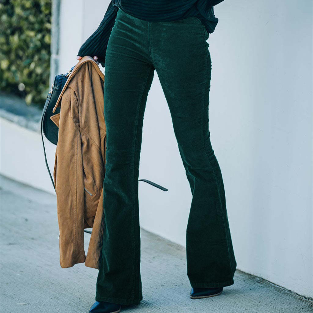 Women’s Green Polyester Corduroy Flared Pants