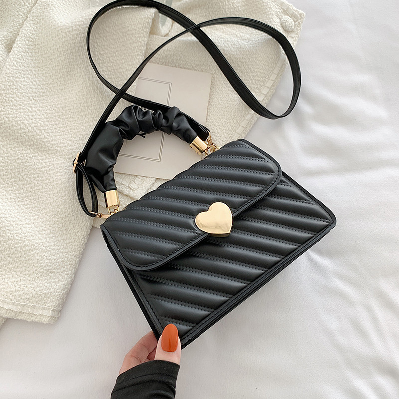 Black Quilted PU Flap Bag with Heart Clasp