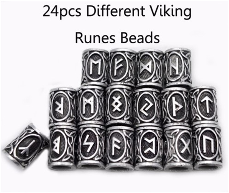 24 Antique-Silver Rune Beard and Jewelry Beads