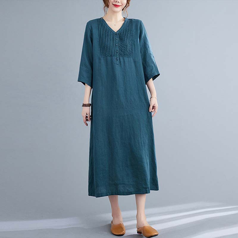 Women's Green Pintucked-Bib V-Neck Dress