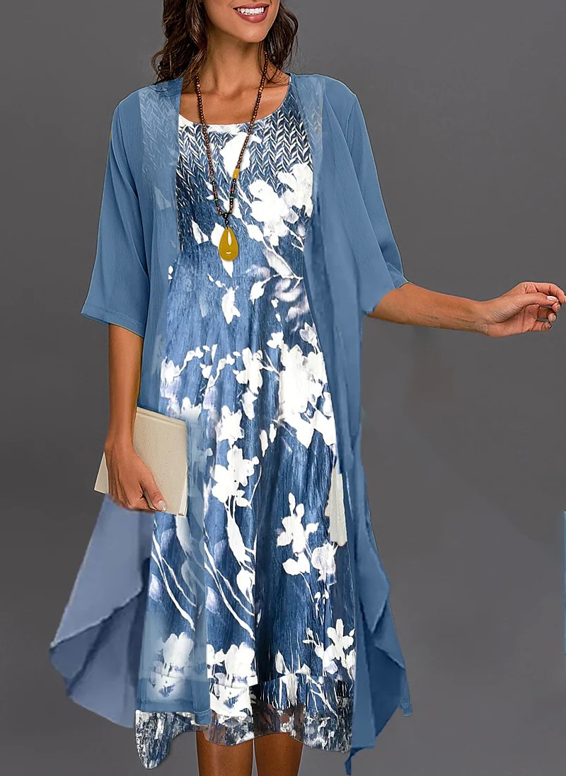 Women's Polyester Dress and Long Outer Jacket Set