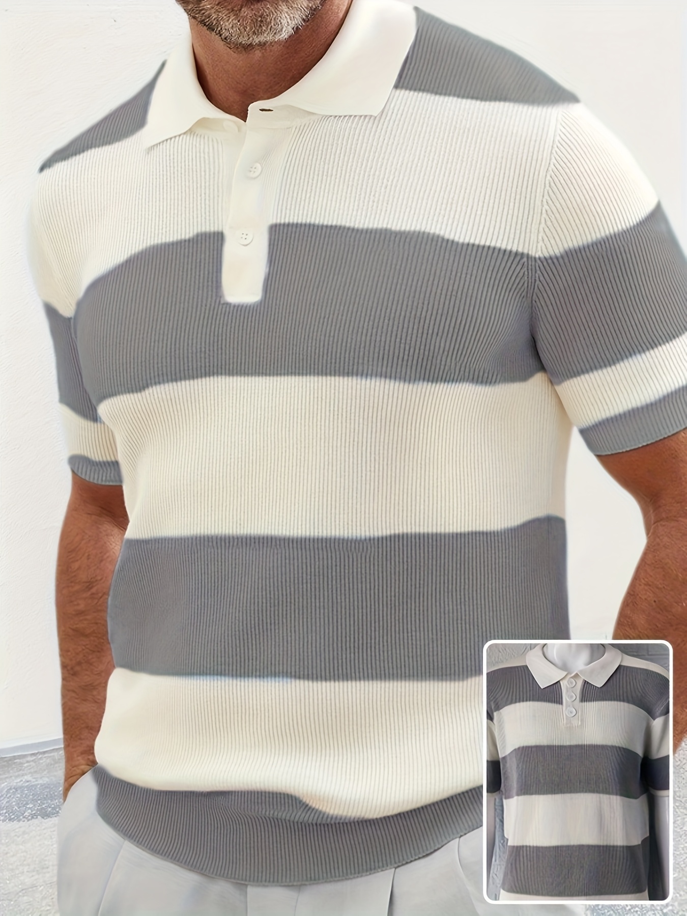 Men’s Gray Striped Knit Polo