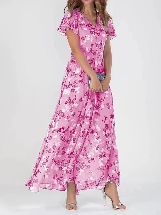 Women's Pink Floral Flutter-Sleeve Long Dress