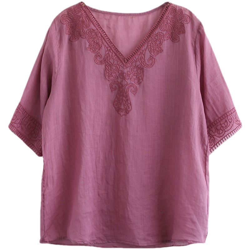 Women's Pink Embroidered Cotton-Linen V-Neck Shirt