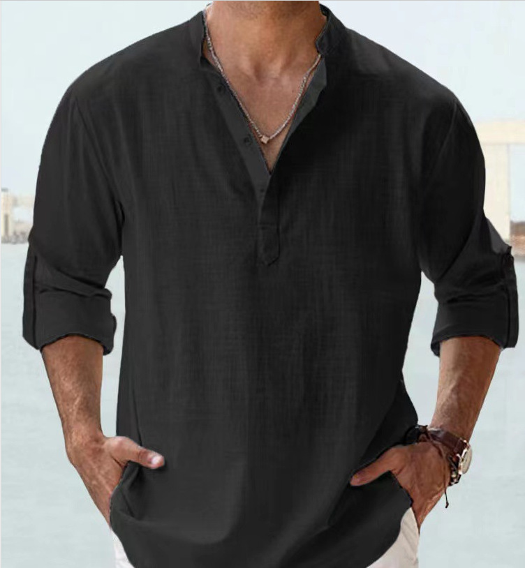 Men’s Black Cotton Stand-Collar Shirt