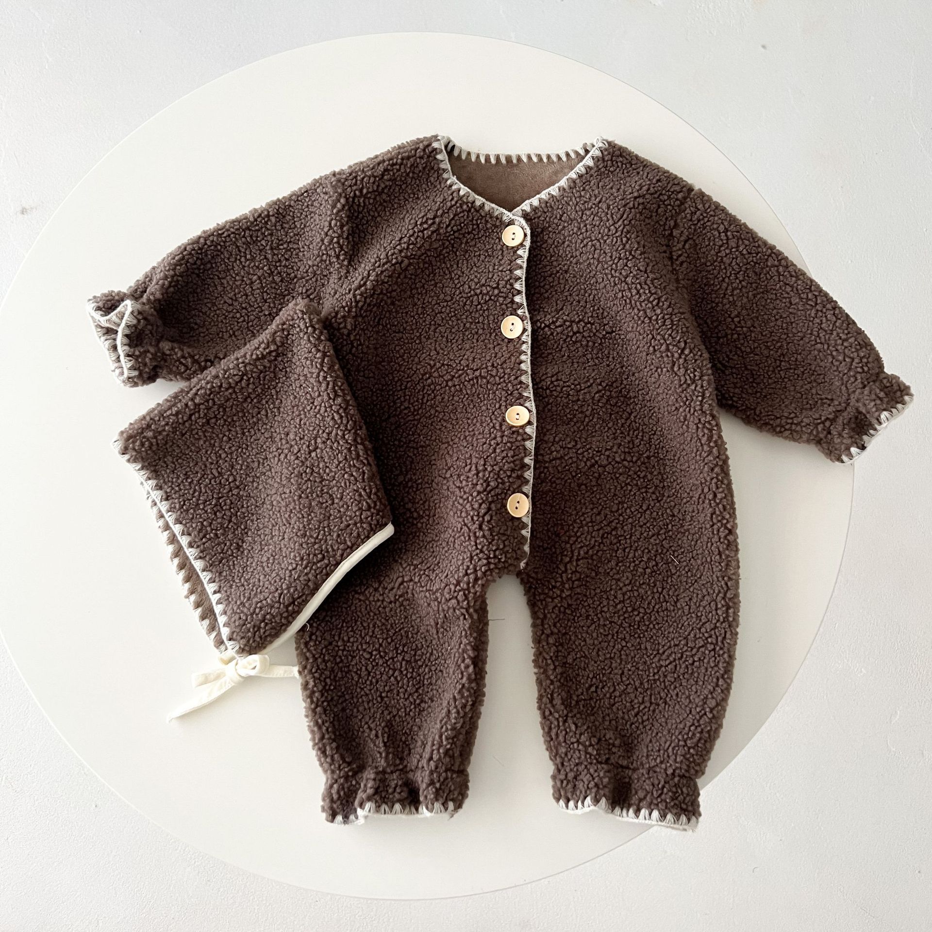 Baby Dark Brown Fleece Romper and Hat