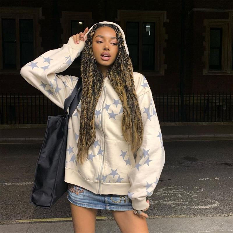 Women's Star-Print Zip-Up Polyester Hoodie