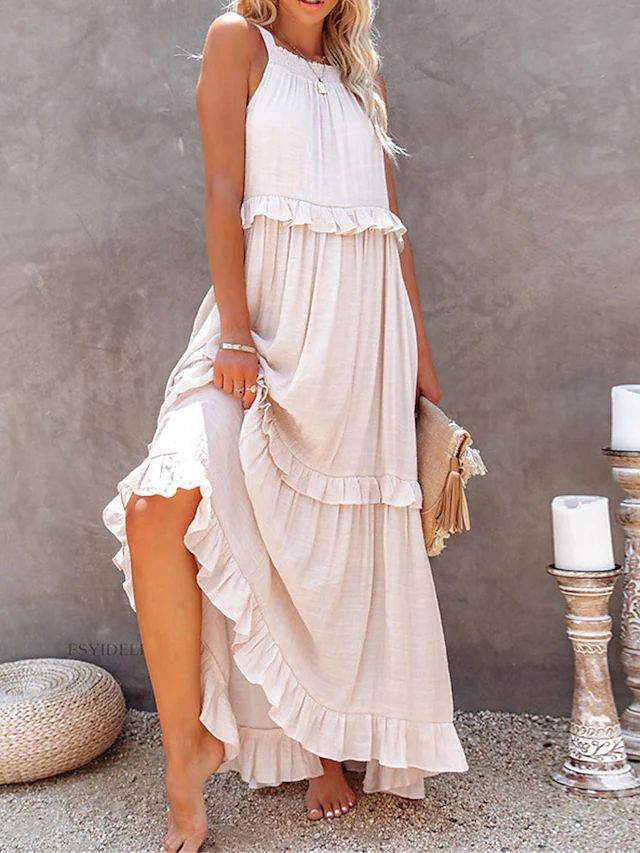 Women's Apricot Halter Tie-Back Tiered Long Dress
