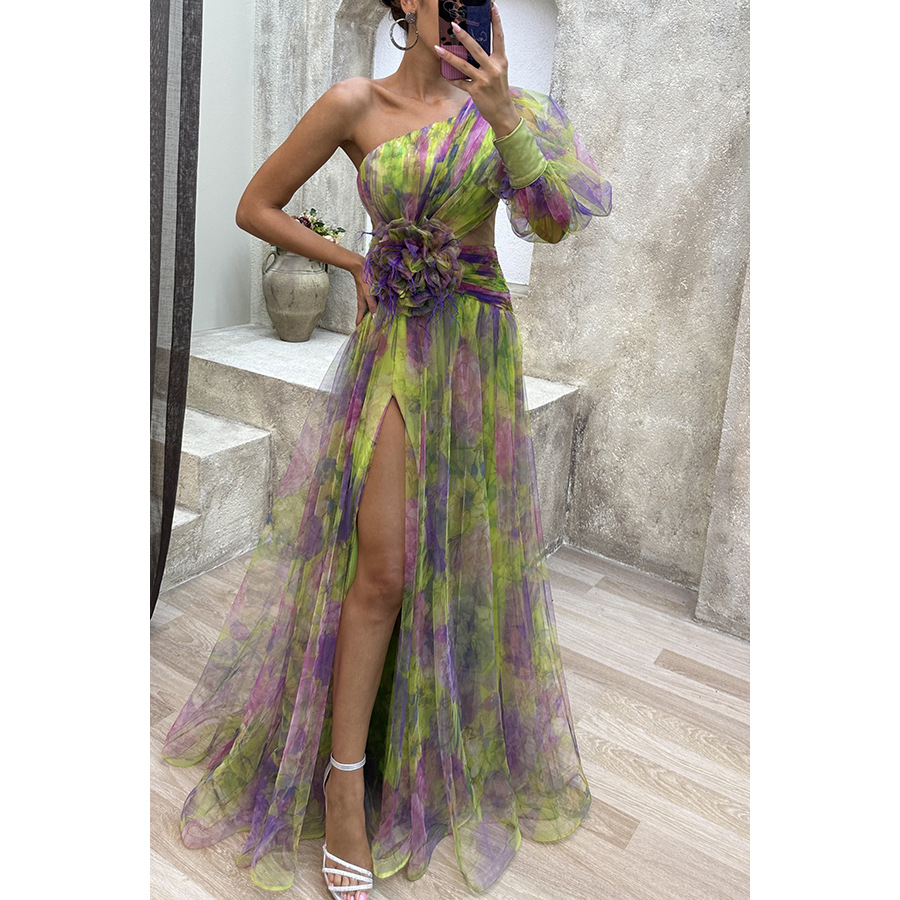 Women's Green One-Sleeve Floral-Waist Slit Dress