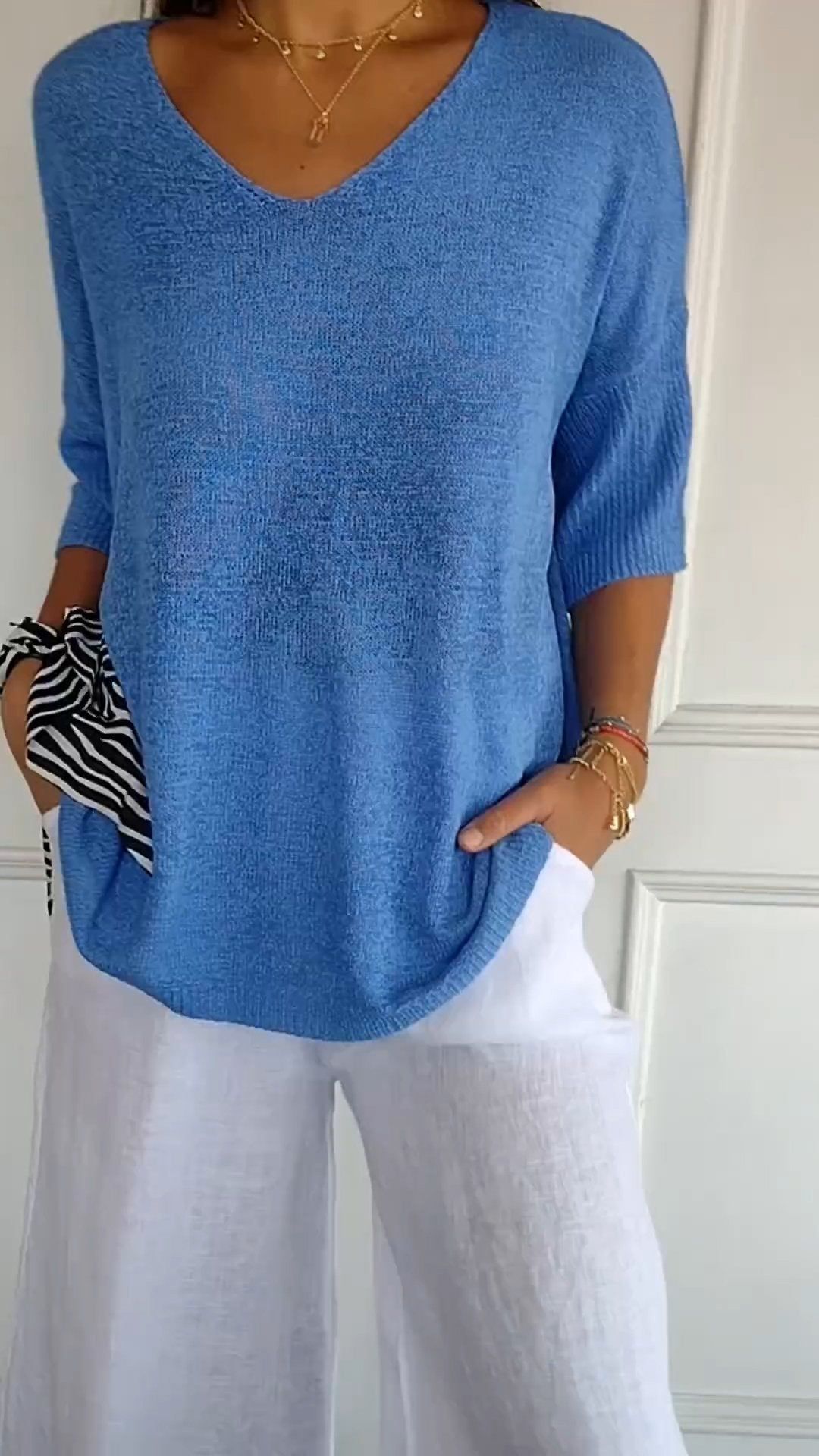 Women’s Deep Peacock Blue Polyester V-Neck Pullover
