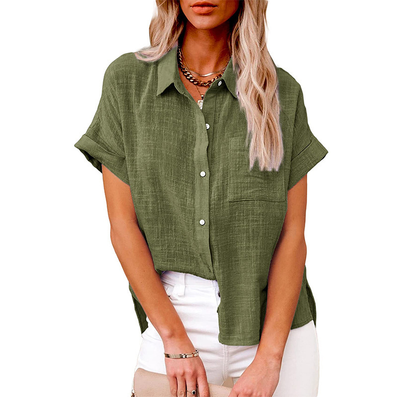Women's Cotton-Linen Short-Sleeve Button Shirt