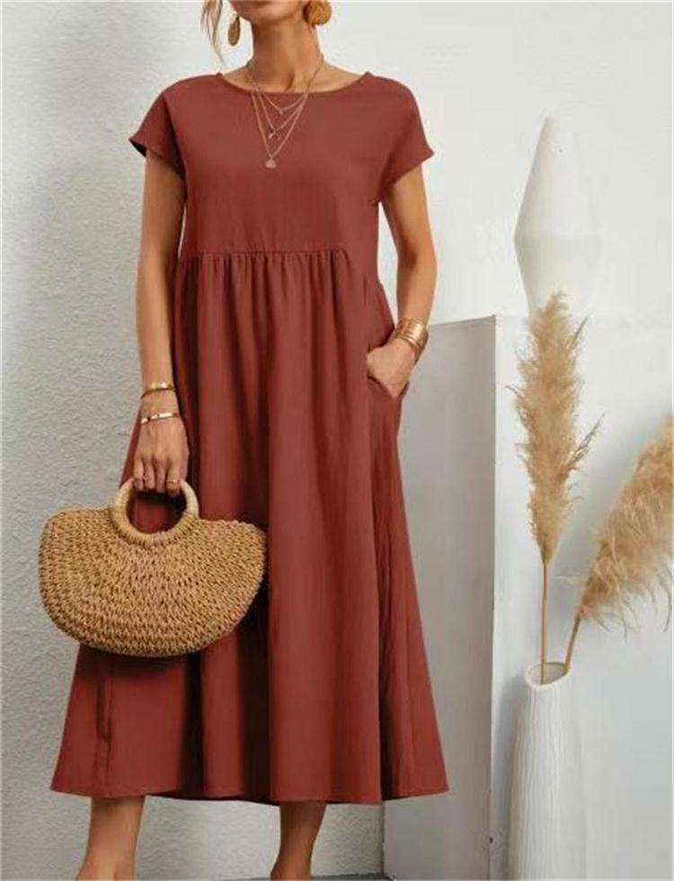 Women’s Orange-Red Cotton-Linen Short-Sleeve Dress