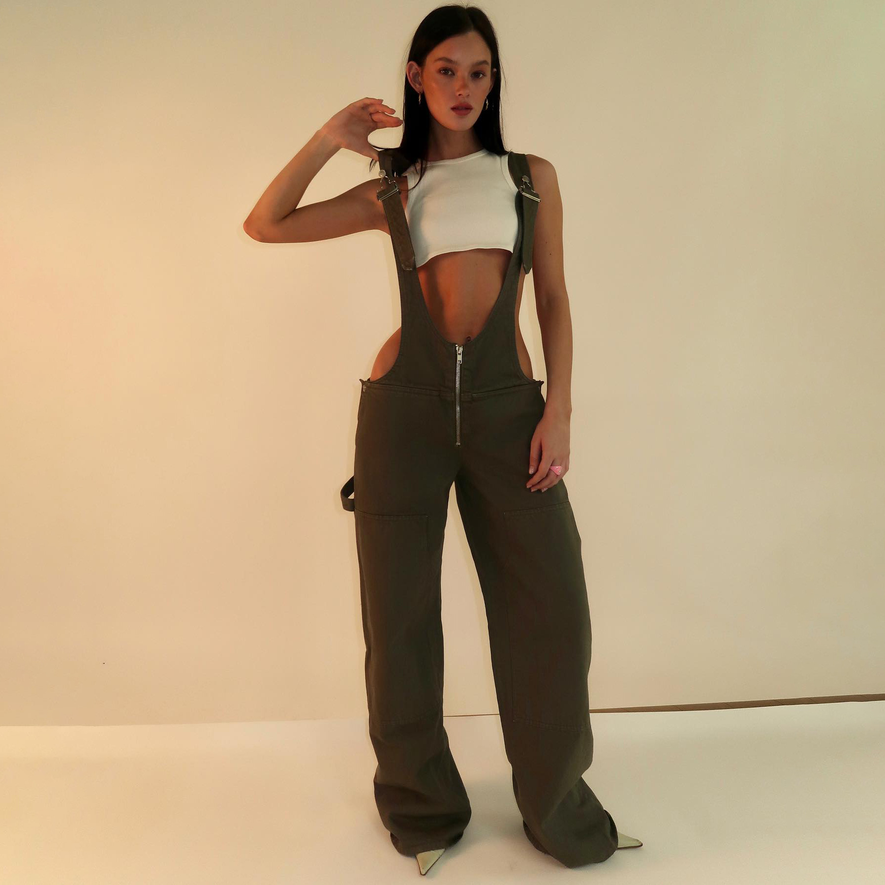 Women's Army Green Low-Bib Zip Overalls