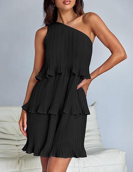 Women's Black One-Shoulder Tiered Pleated Dress
