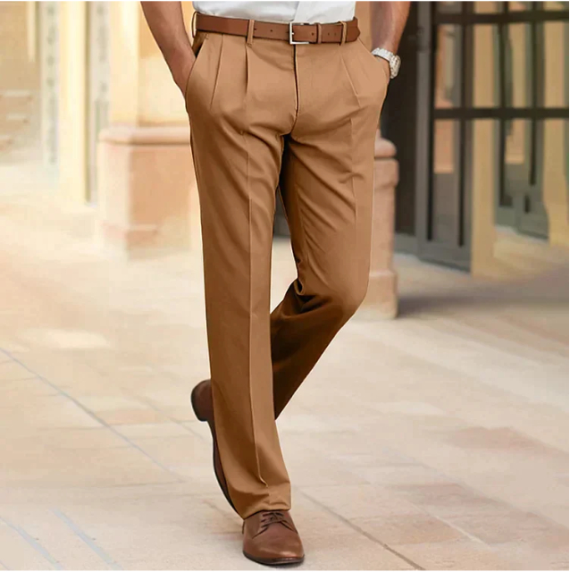 Men’s Light Brown Pleated Straight-Leg Trousers