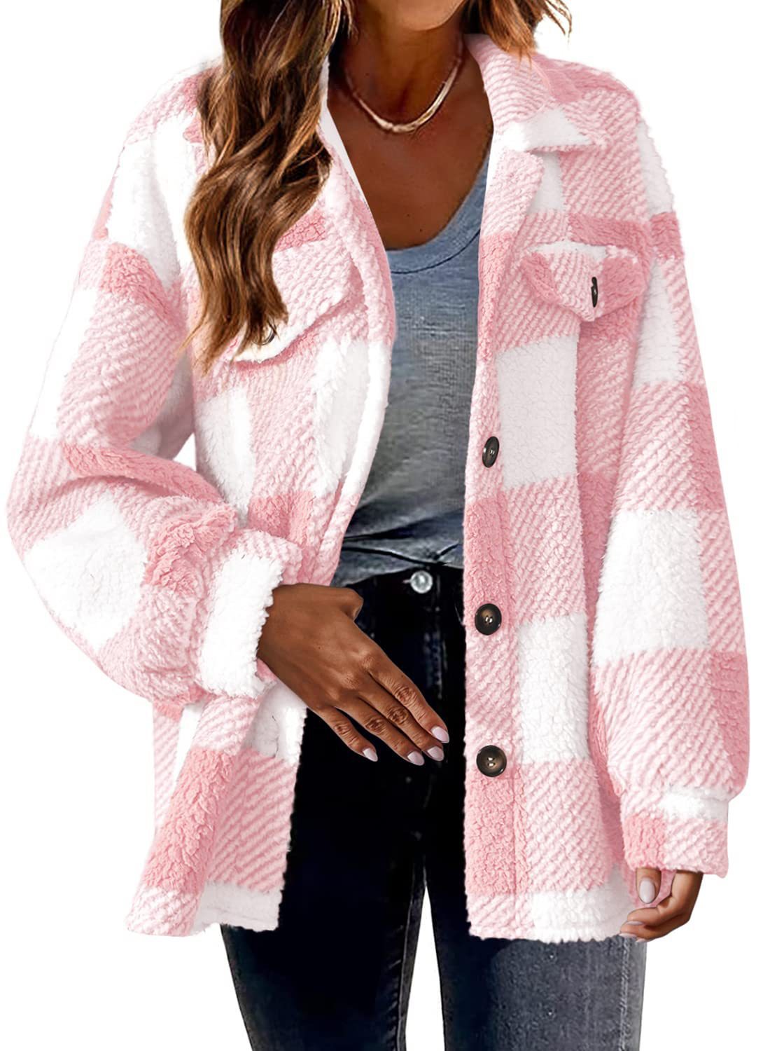 Women's Checked Polyester Plush Button-Front Jacket