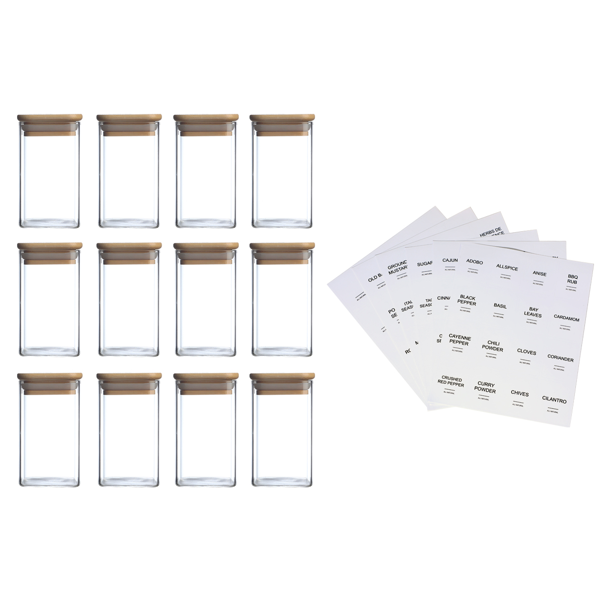Twelve 8 oz Square Glass Jars with Bamboo Lids