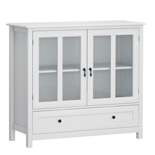 White Glass-Door Buffet Cabinet with Bottom Drawer