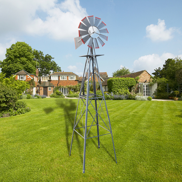 Gray and Red 8-Foot Garden Windmill