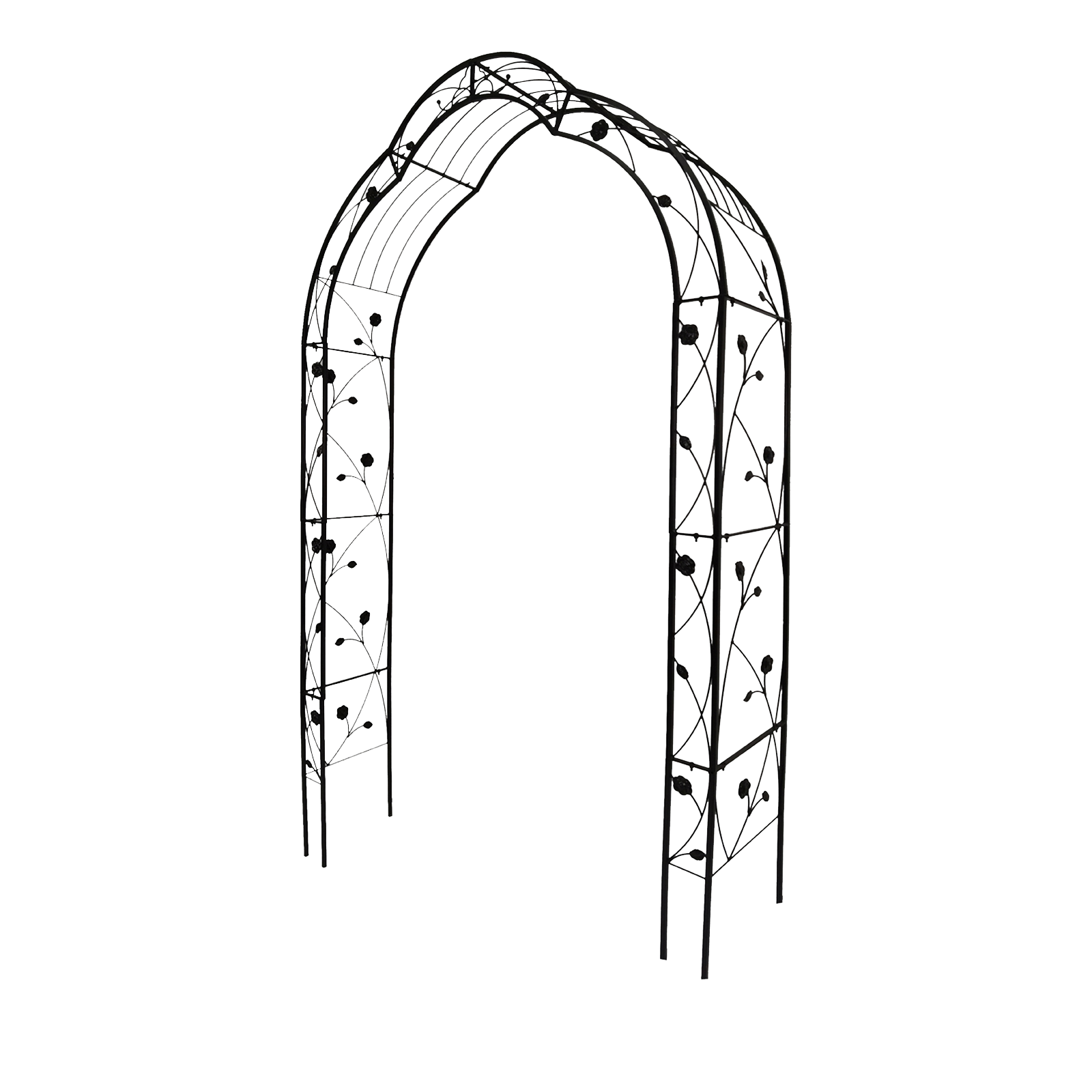 Black Modular Garden Arch with Rose-and-Leaf Details
