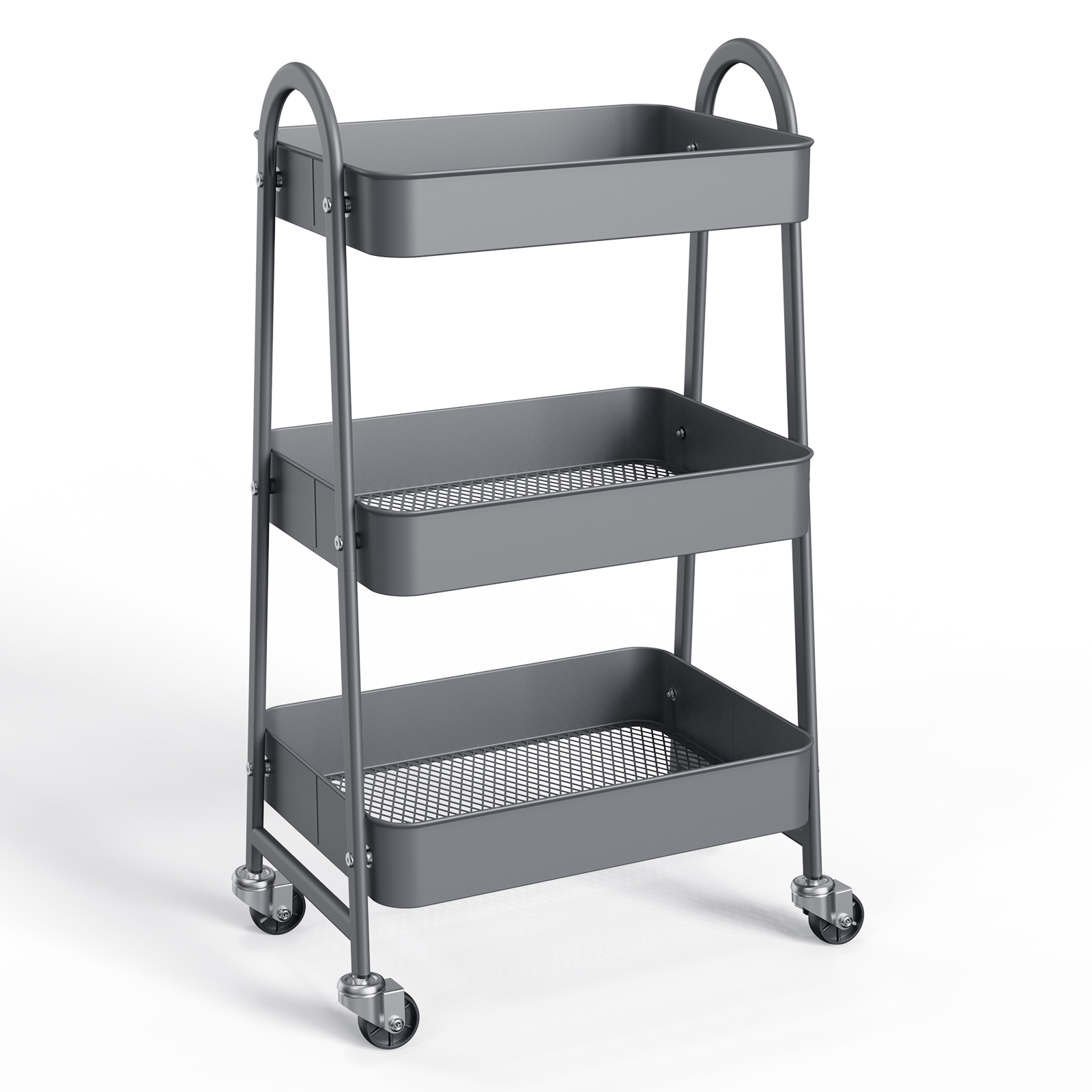 Gray Three-Tier Metal Rolling Storage Cart