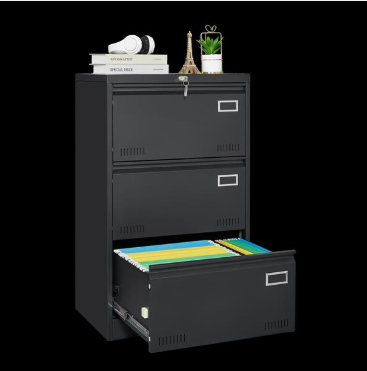 Black Three-Drawer Lateral File Cabinet