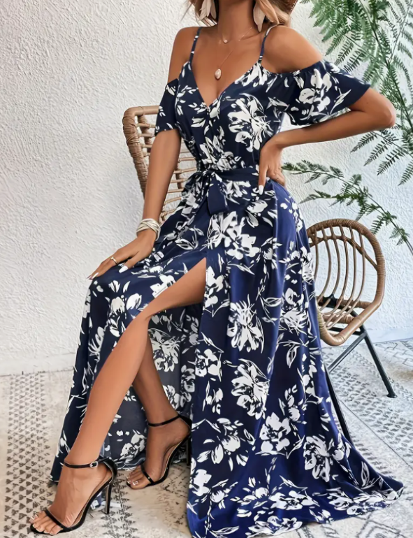 Women's Navy Floral Cold-Shoulder Slit Dress