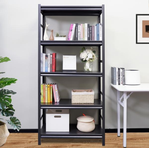 Black Five-Tier Steel Pantry Shelving with Side Rails