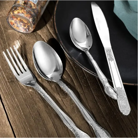 Silver-Tone Floral-Handle Flatware, Four Pieces