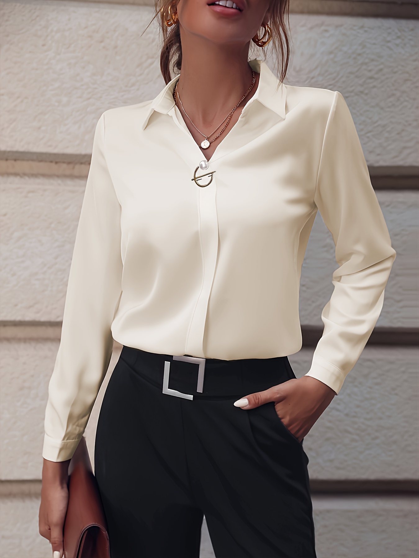 Apricot Long-Sleeve Pearl-Style Button Blouse