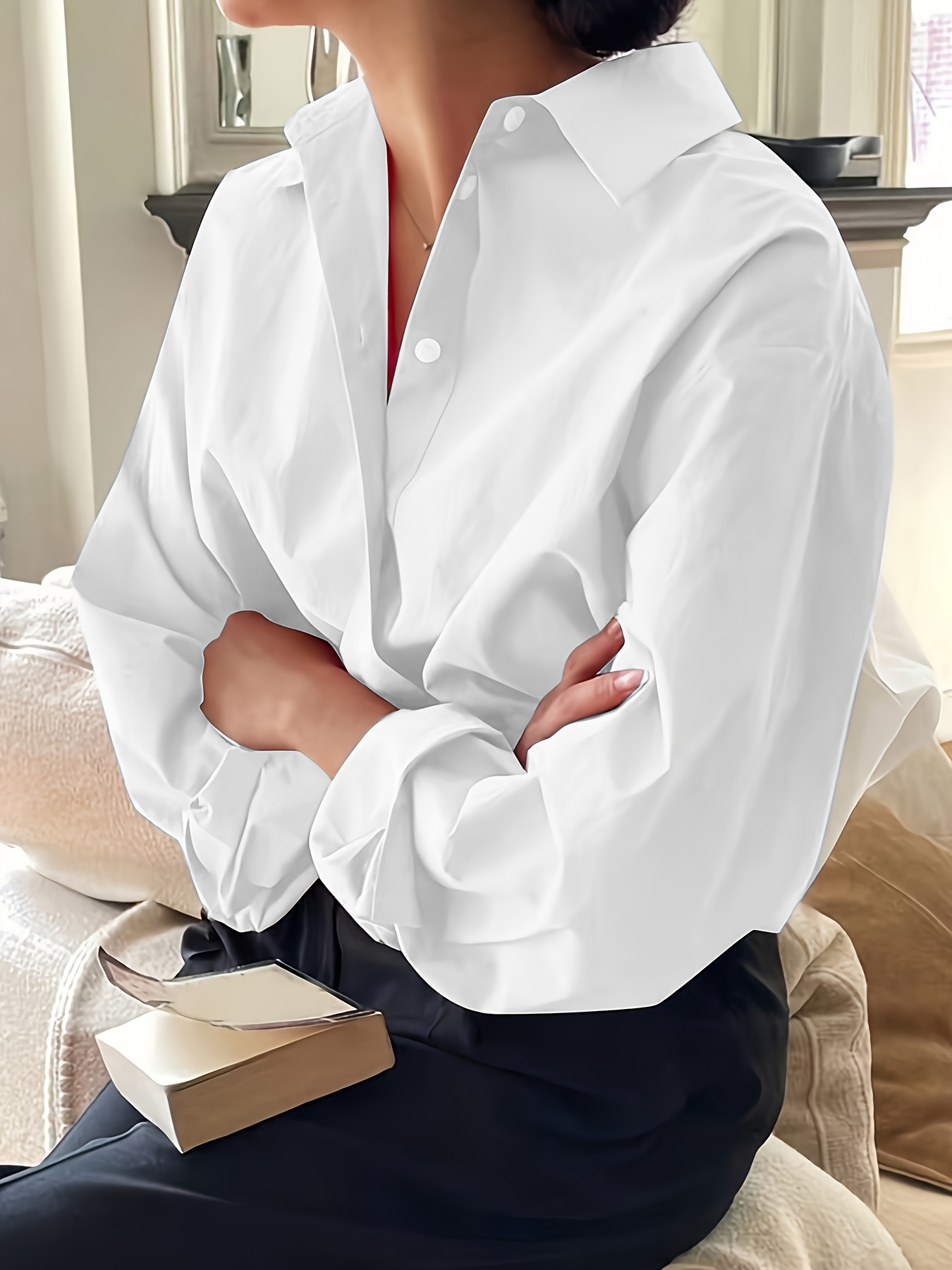Women’s White Polyester Button Shirt with Pocket