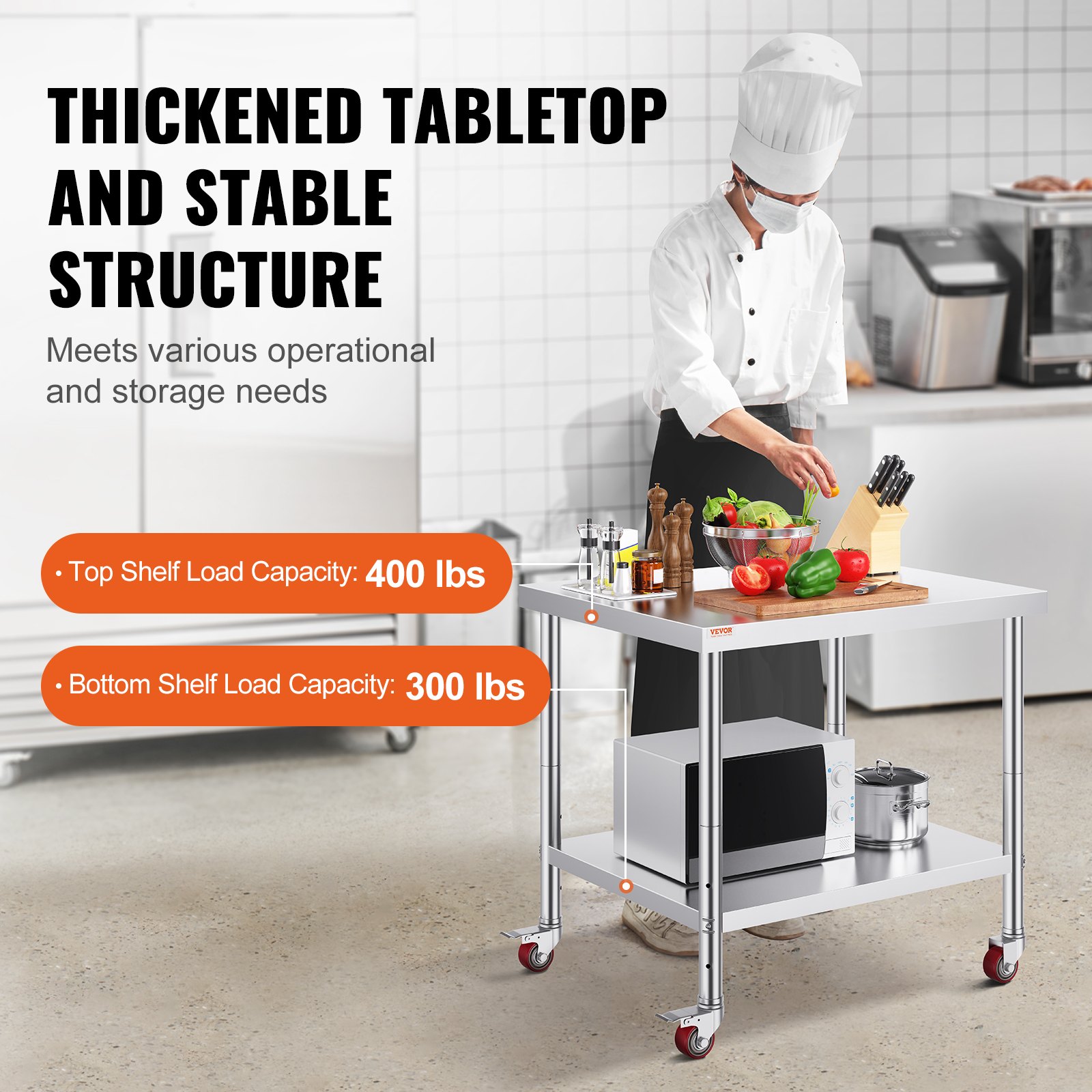 VEVOR 30 × 36-Inch Rolling Stainless Prep Table