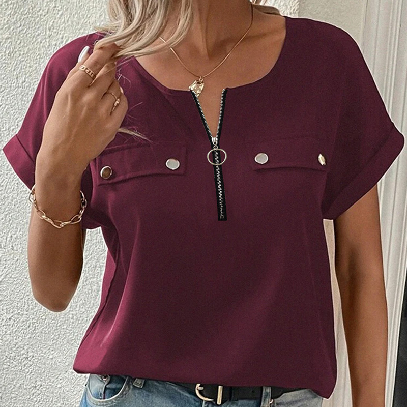 Women’s Wine Red Zipper-Neck Short-Sleeve Blouse