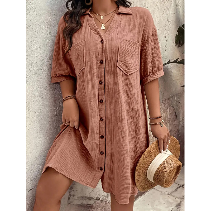 Brown Red Cotton Two-Pocket Shirt Dress