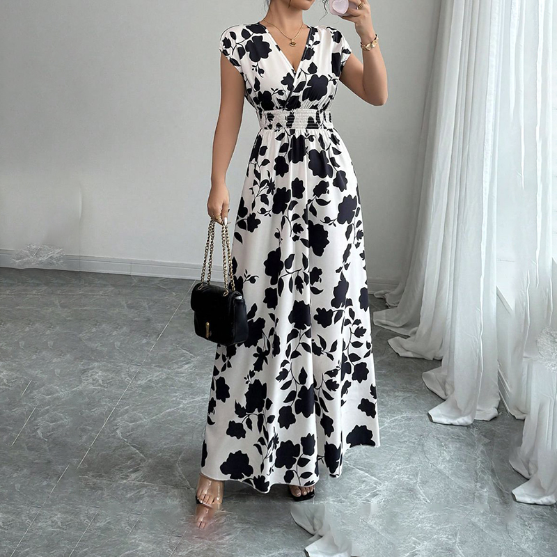 White and Black Floral Empire Maxi Dress