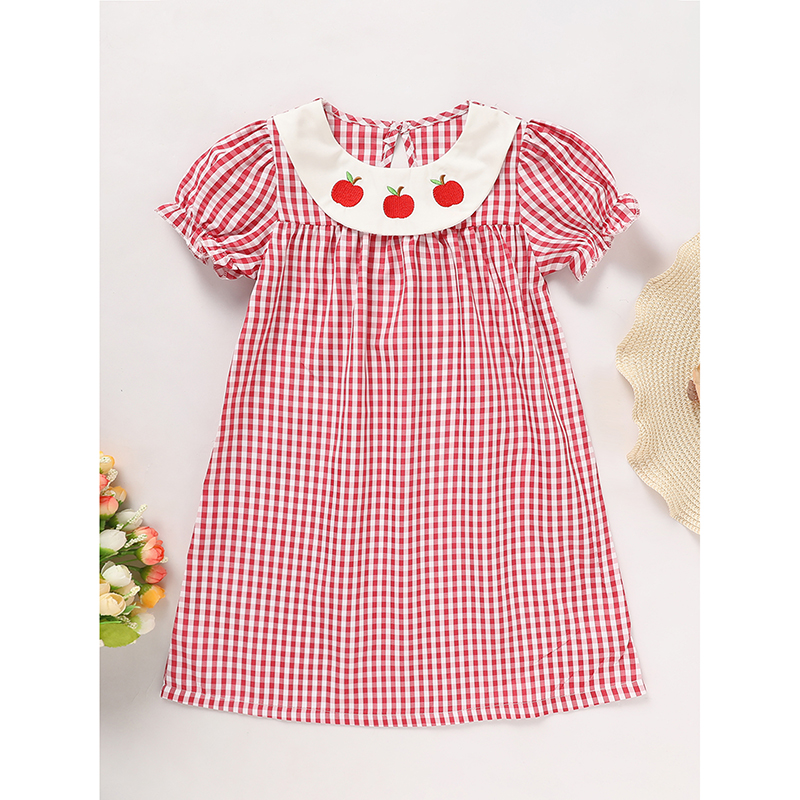 Girls’ Red Plaid Embroidered Puff-Sleeve Dress