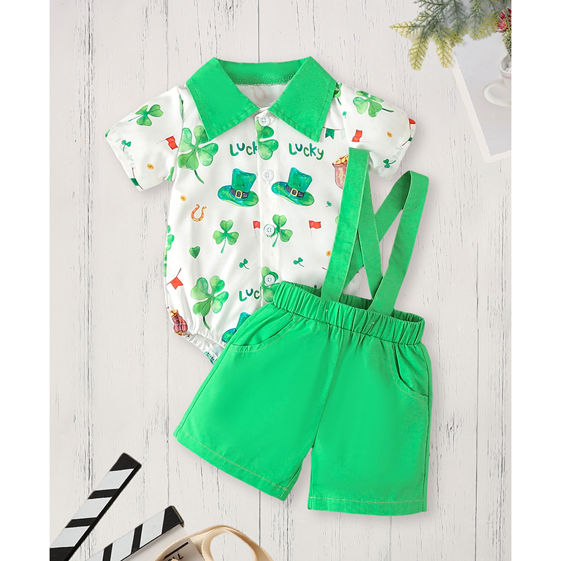 Clover-Print Baby Bodysuit and Green Suspender Shorts