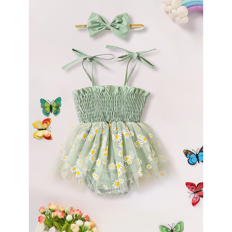 Baby Green Smocked Romper Dress and Bow Headband