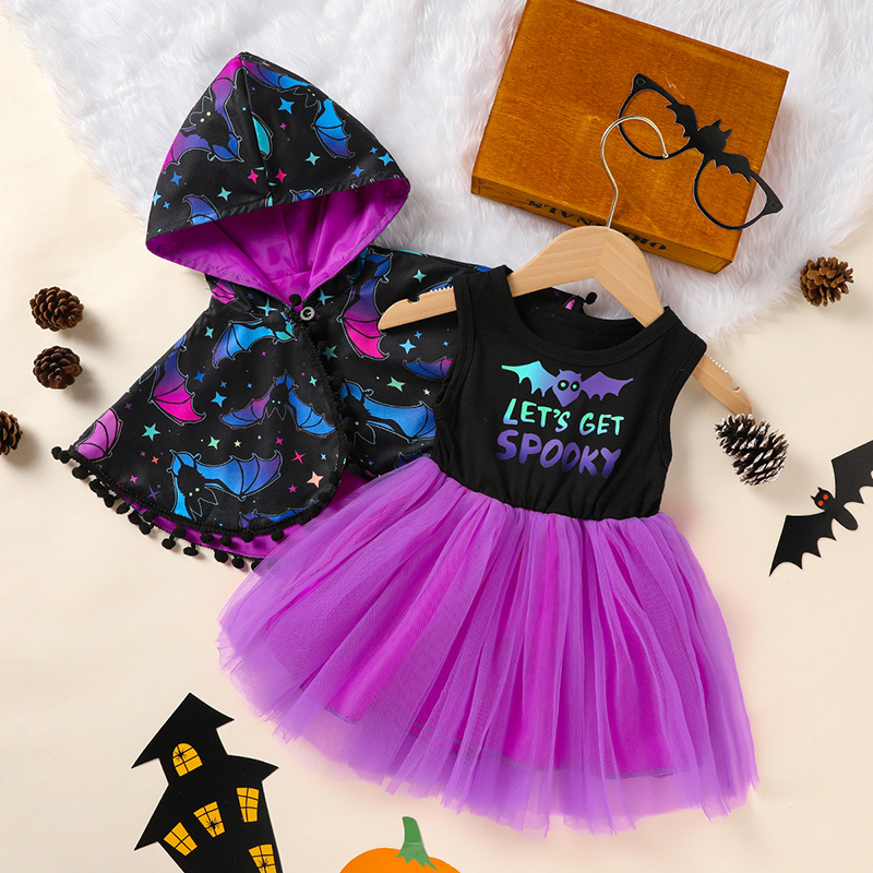 Black and Purple Bat-Print Dress and Hooded Cloak Set