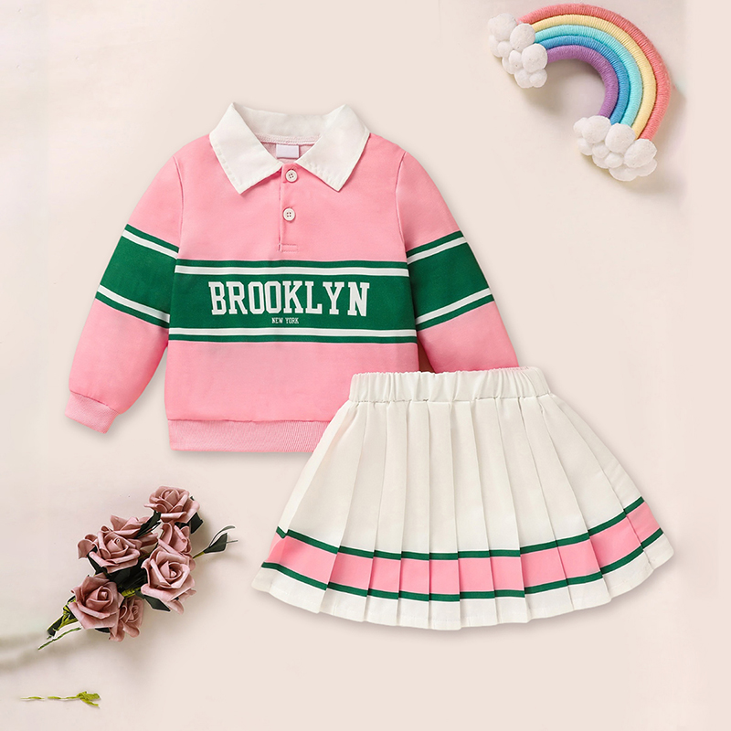 Pink Letter Polo Top and Pleated Skirt Set